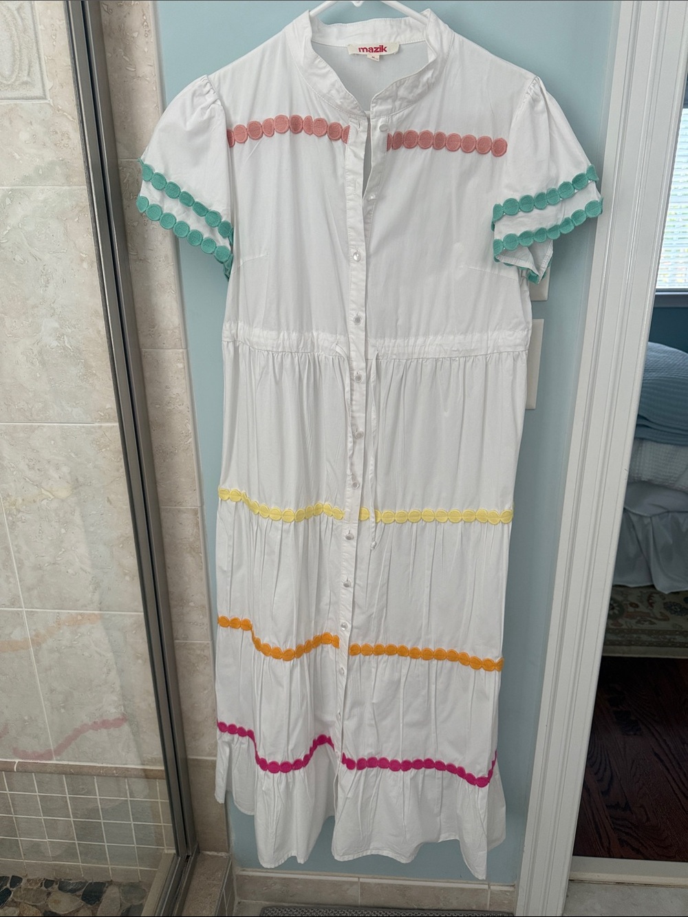 Mazik White Maxi Dress with Pink, Teal, Yellow & Orange Trim